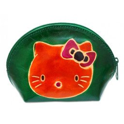 Кошелёк кожаный на змейке Киска Зелёный