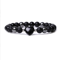 Bracelet Heart Hematite Lava Stone Black Obsidian