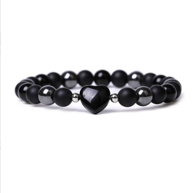 Bracelet Heart Hematite Lava Stone Black Obsidian