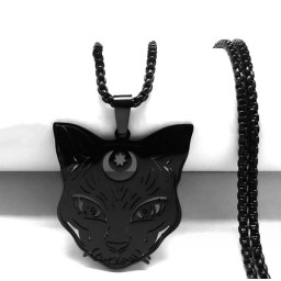 Witch Cat Talisman black metal 60cm chain.